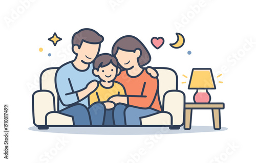 A father, mother, and son are depicted in a warm, loving embrace on a sofa, symbolizing togetherness and domestic bliss