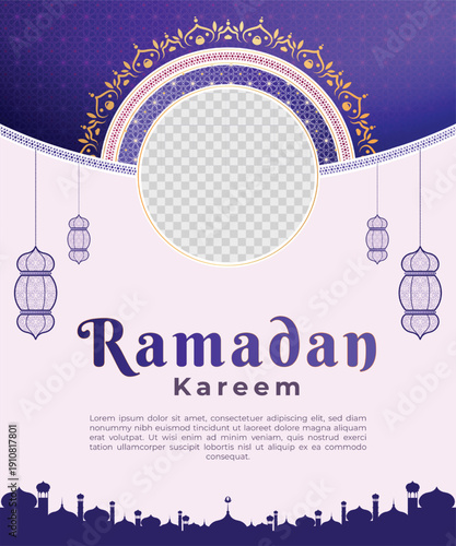 Ramadan Kareem Greeting Card Template with Islamic Lanterns and Mosque Silhouettes