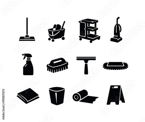 A set of black and white vector graphics representing various cleaning equipment and products used for household and professional sanitation