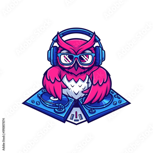 Whimsical Pink Owl DJ with Headphones Spinning Records on Turntables