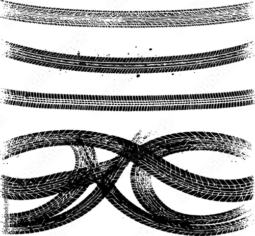 Tire tread marks after skidding, launch, drift, powerslide in motorsport, rally, off-road, motocross. Wheel texture with splash effect. Vector, transparent background EPS version.