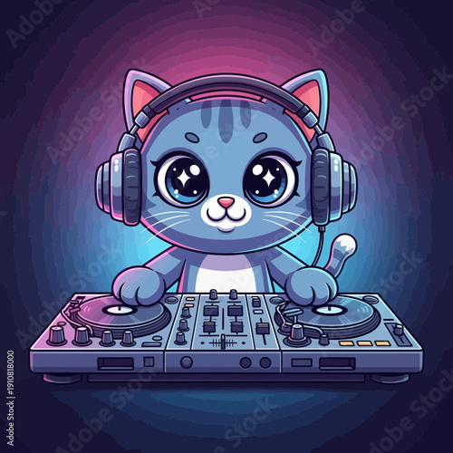 Cute cartoon cat DJ wearing headphones and mixing music on a turntable, vibrant neon lights background, whimsical digital art