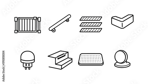 This graphic features a set of eight distinct line art icons, each depicting a common object or architectural element in a minimalist style