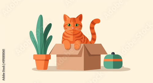 Orange cat peeks from cardboard box next to potted plant and green object