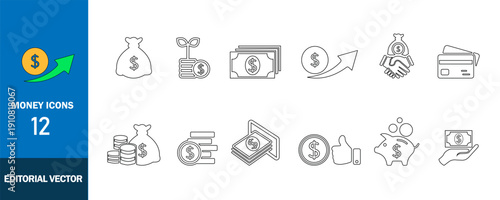 Collection of money icons including cash, coins, and growth symbols in a vector format used for financial activities and themes