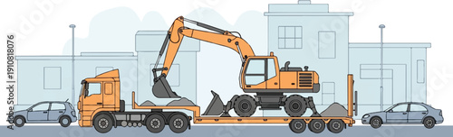 Orange excavator loaded on flatbed truck with cars and buildings