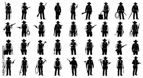 Collection of cowboy silhouettes with various poses and weapons.