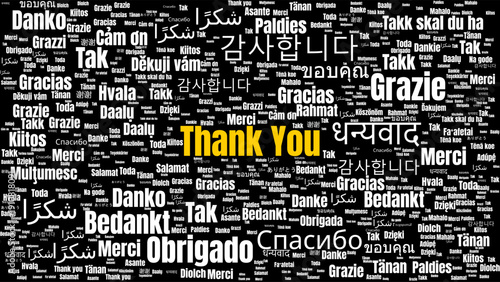 Multilingual Thank You Word Cloud Illustration in Various Languages. Creative Black Backdrop Worldwide Gratitude Word Cloud Illustration Graphic Asset. 