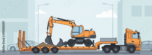 Orange excavator on a flatbed truck, with surrounding buildings and vehicles