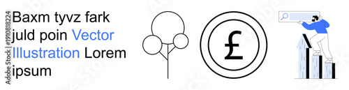 Business growth, investment finance, economic analysis, online research, foreign currency, sustainability. Pound sterling symbol, person analyzing graph abstract tree. Business growth and finance