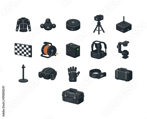 This set features various devices used in filmmaking and VR, including motion capture suits, cameras, and VR headsets, presented in a clean isometric style