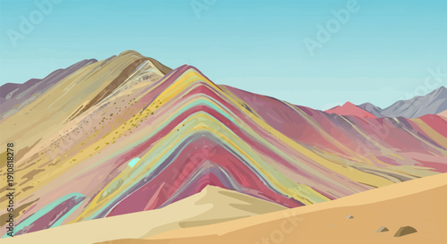 Multi-colored stripes form a vibrant mountain range under a clear sky
