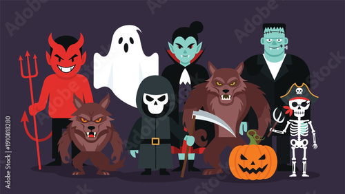 Group of classic Halloween monsters including a vampire, werewolf, ghost, and skeleton stand together for a festive spooky celebration.