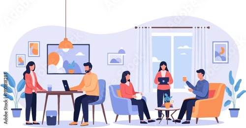 Modern interior scene with people working and relaxing in a bright, stylish room