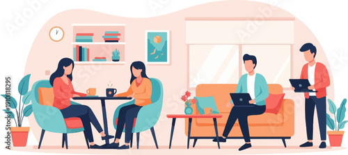 Modern interior with people working, relaxing, and socializing in a cozy space