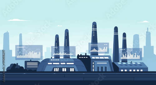 Modern industrial complex with monitoring screens and smokestacks