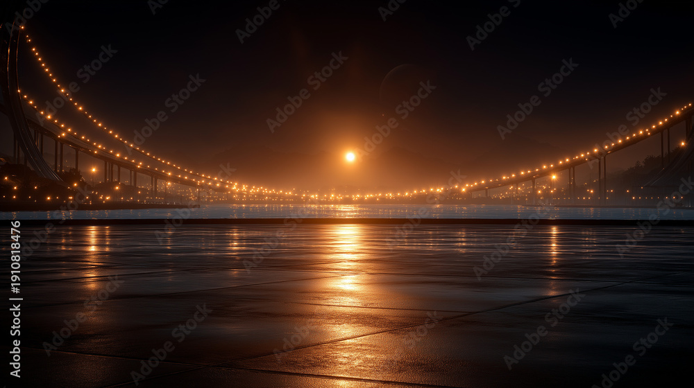 Fototapeta premium Golden Gate at Dusk: Capture the captivating scene of a suspension bridge illuminated against a dark, night sky, its lights reflecting upon the water.