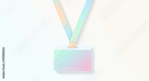 Minimalist iridescent lanyard badge hanging against soft gradient background