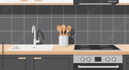 Minimalist kitchen counter with sink, cooking surface, and utensils