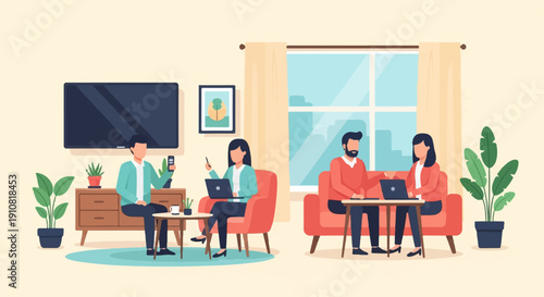 Modern living room with people working on laptops and one using a phone