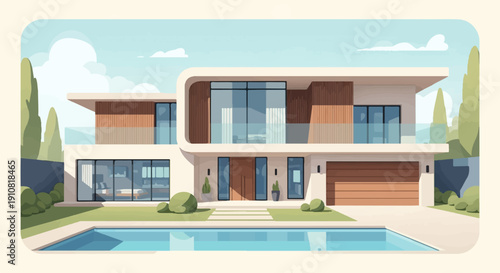 Modern luxury residence with swimming pool and manicured gardens