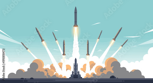 Multiple rockets launch into a cloudy sky with bright plumes of fire