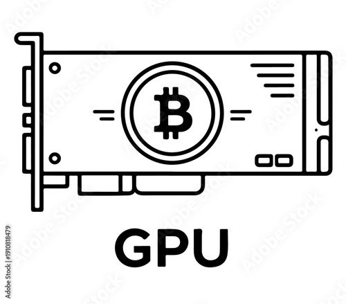GPU graphic card with Bitcoin symbol, vector line art icon, cryptocurrency mining hardware, isolated on white