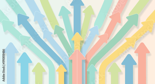 Multiple pastel arrows pointing upwards in a dynamic, converging pattern