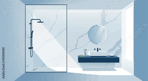 Modern minimalist bathroom with glass shower and marble accents