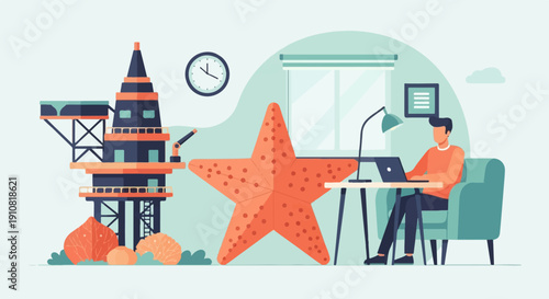Man working remotely near oil rig and giant starfish