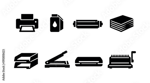 A set of black and white vector icons representing essential office equipment for printing, organizing, and document preparation