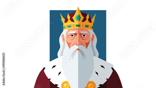 Portrait of an elderly king with a long white beard and a golden crown is presented as a regal figure against a dark blue background.
