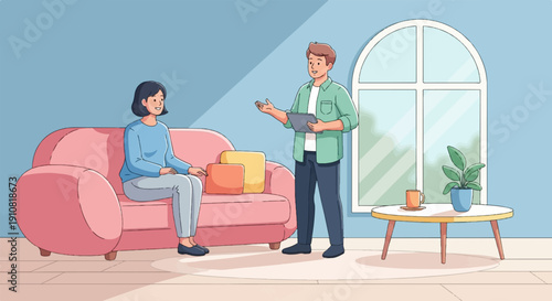 Man with tablet talks to woman sitting on sofa in living room