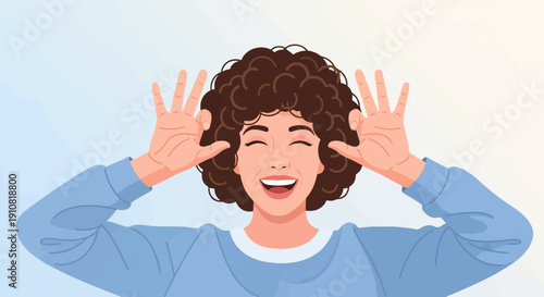 Joyful woman with curly hair and open mouth smiles widely