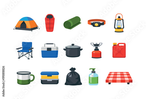 A flat design illustration showcasing various essential items for camping, hiking, and outdoor activities, presented on a white background