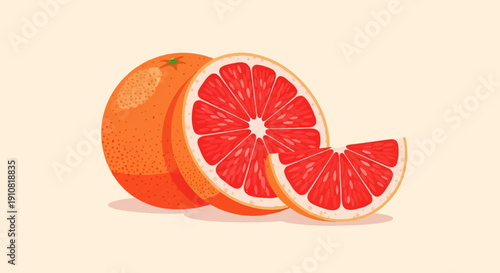 Juicy red grapefruit slices and a whole fruit on a light cream background