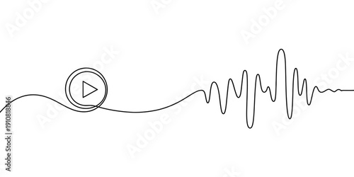 Minimalist continuous line drawing of a play button icon with an audio sound wave pattern