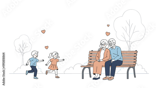 Elderly couple sits peacefully on a park bench watching two young children run and play together in a sunny outdoor park environment.
