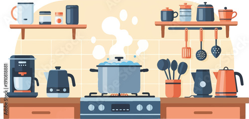 Kitchen scene with cooking pot, appliances, utensils and jars on shelves