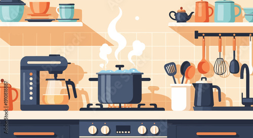 Kitchen scene with cooking pot on stove, coffee maker, and utensils