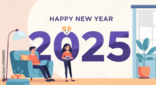 Happy New Year 2025 celebration with a family at home