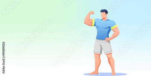 Muscular man flexing bicep, light background gradient
