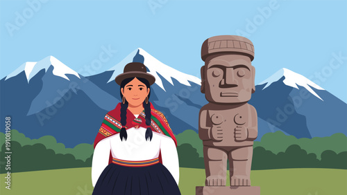 Bolivian woman in traditional clothing stands next to an ancient stone statue with snowy mountain peaks in the background landscape.