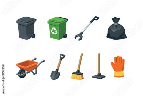 A set of cartoon-style icons representing various tools for waste management, gardening, and general cleanup tasks