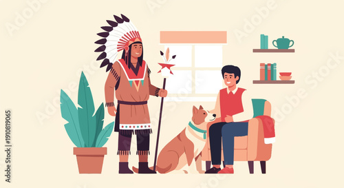 Indigenous person with headdress and staff, seated man, dog, plant, and shelf