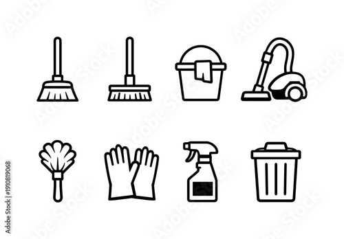 A set of simple line art icons representing various household cleaning tools and supplies for a tidy home