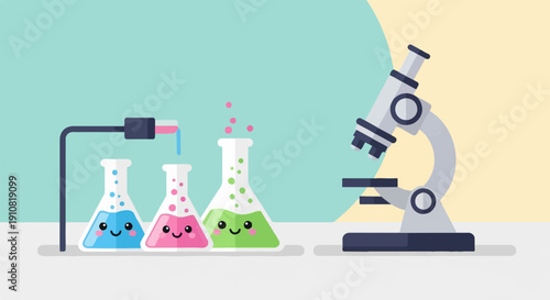 Happy cartoon laboratory flasks and microscope with colorful liquids