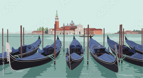 Gondolas docked on a canal with a historic cityscape in the background
