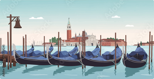 Gondolas docked in a serene canal with historic architecture in the background