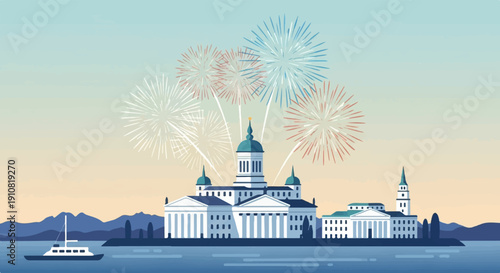 Grand building with fireworks and boat on water